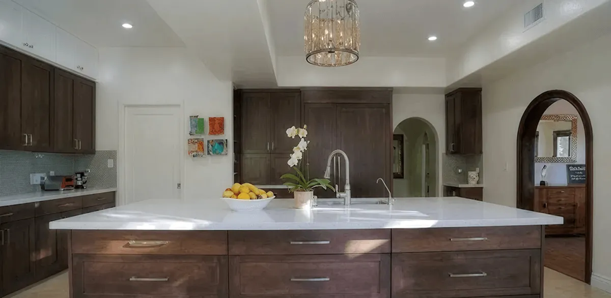 Cabinet refacing project with updated kitchen cabinets and island in Irvine, CA
