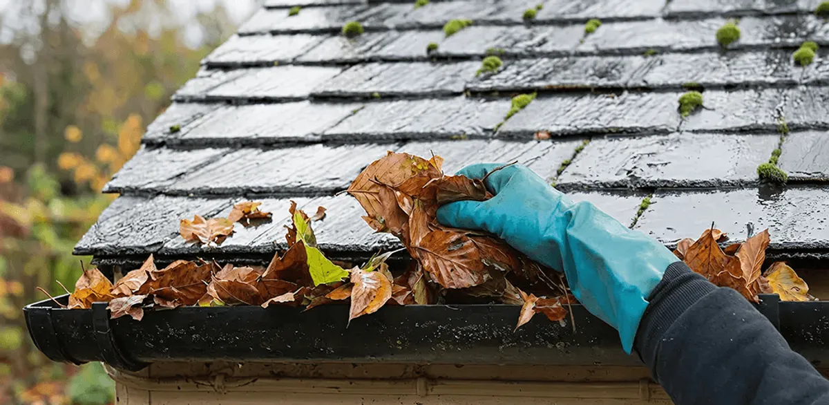 Gutter cleaning technician clearing wet leaves from roof gutters in Irvine, CA